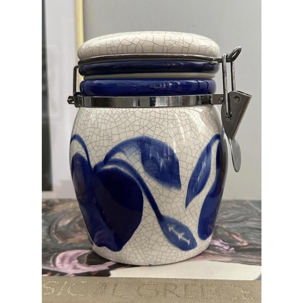 Vintage Designpac Inc Blue & White Canister Mason Jar Locking Lid Fruit Design - Picture 4 of 5